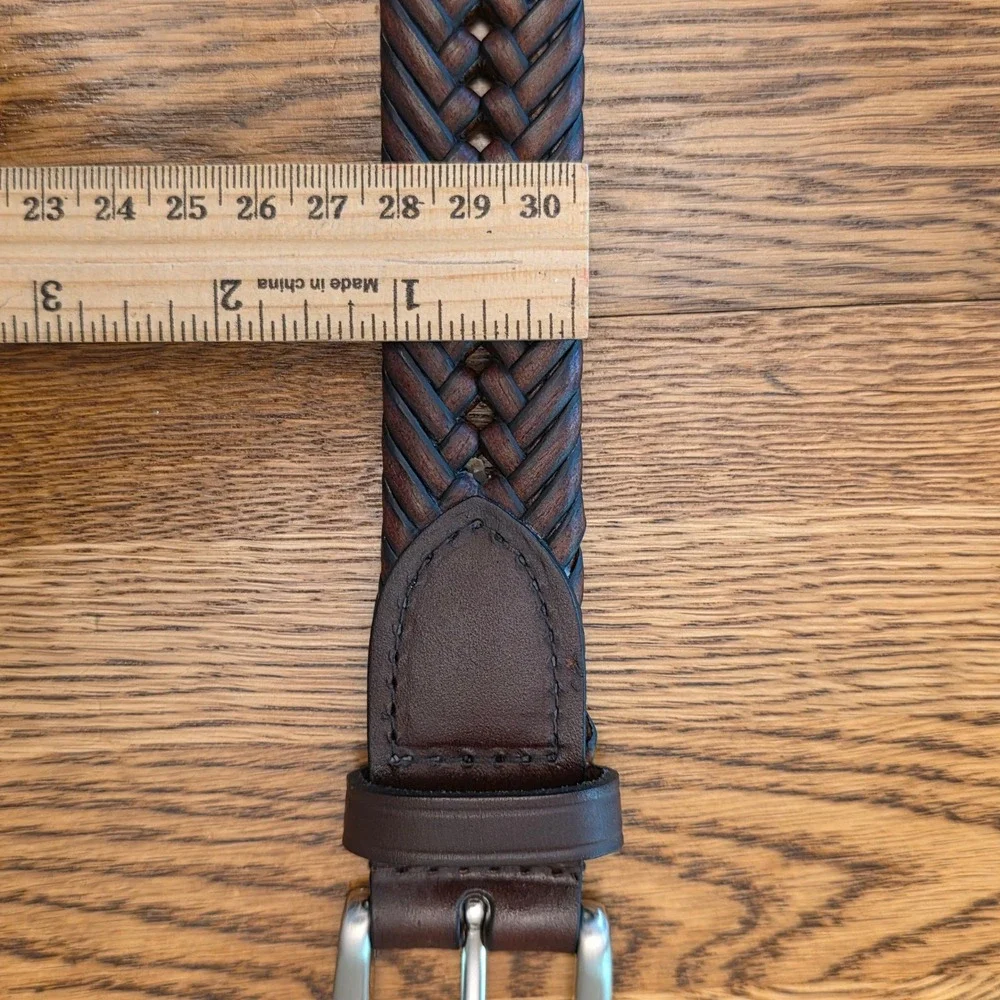 Mens Size 44 Adjustable Brown Genuine Leather Braided Woven Belt Silver Buckle
